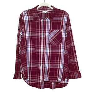 Women's Time & Tru Burgundy/Blue Soft Long Sleeve Flannel Shirt, Sz L, NWOT